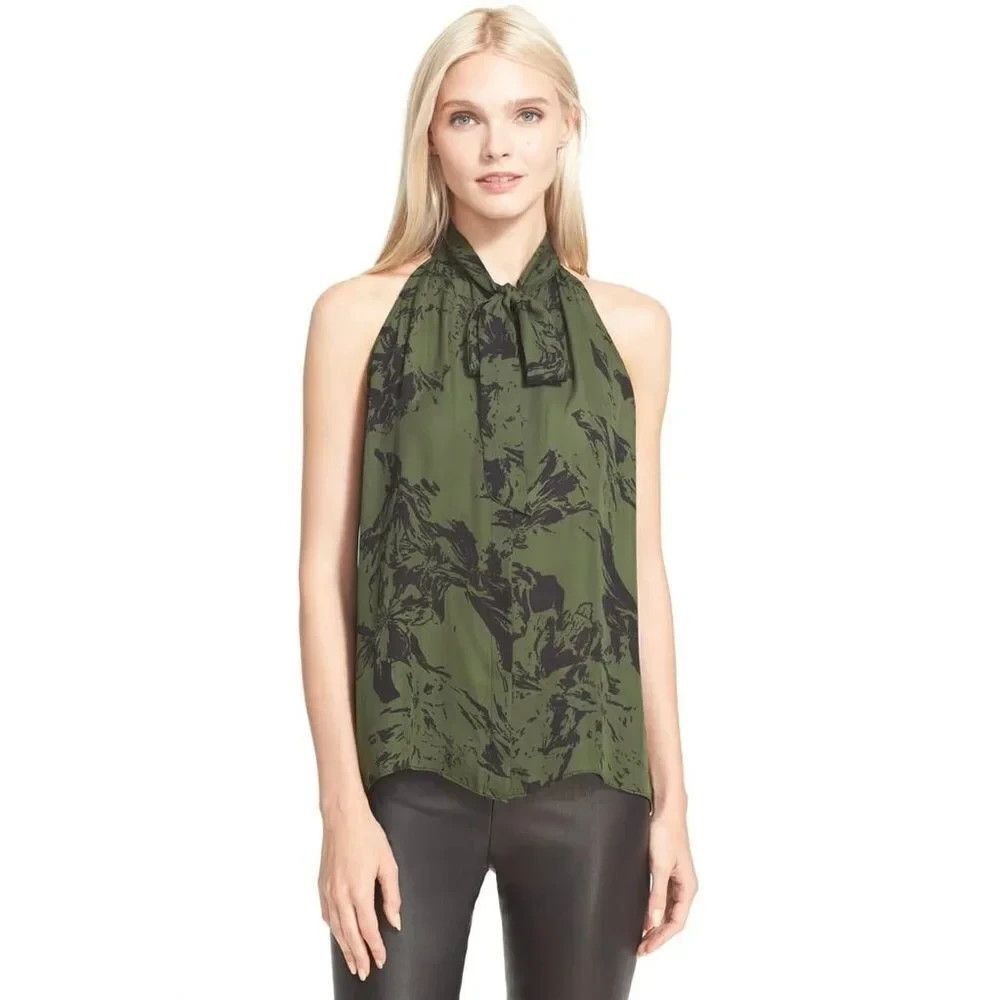 Parker Silk Halter Top Womens L Green Black Sleeveless Knotted Neck Flowy Blouse